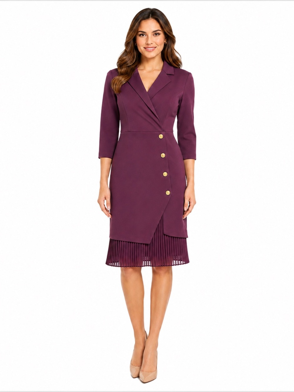 NWT Shelby & Palmer Plum Faux Wrap Blazer Dress Gold Button Pleated Hem Size 8